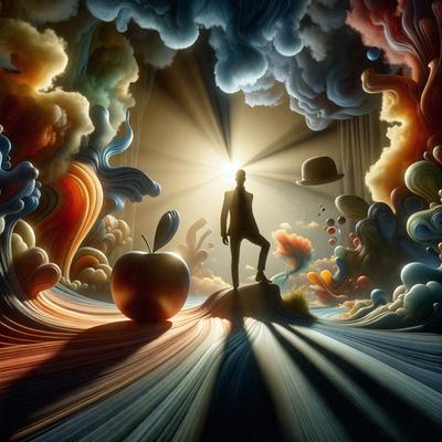 The primary subject of the image is a man standing in a surreal, colorful environment. He is positioned in the center of the scene, surrounded by various elements such as an apple, a hat, and a cloud. The setting appears to be a combination of a painting and a digital artwork, with the man being the focal point. The visual style is a mix of realism and fantasy, creating a unique and intriguing atmosphere. The colors and mood of the image are vibrant and lively, with a sense of wonder and imagination.